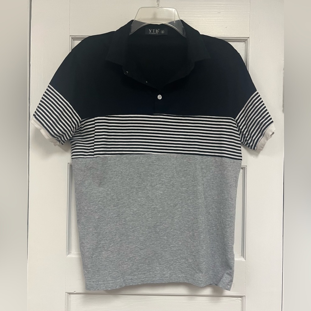 YTD Mens Size M short Sleeve Casual Polo Shirt Black Gray White stripe golf